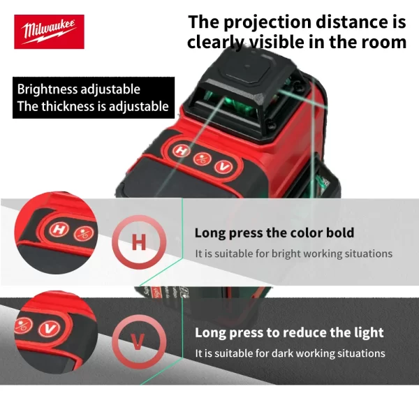 Nível laser milwaukee  verde 16 linhas 4d auto nivelamento 360 horizontal e vertical feixe laser super poderoso - Image 3